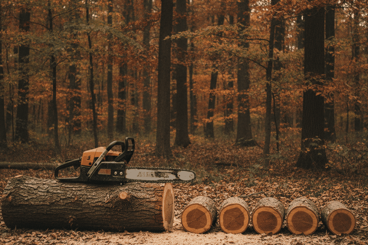 homeowner chainsaw resting on a bucked oak log