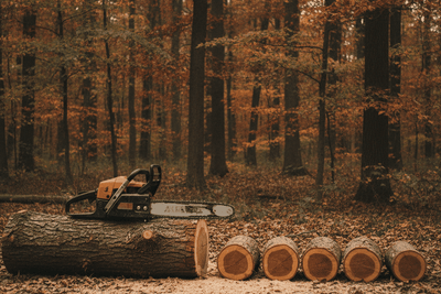 homeowner chainsaw resting on a bucked oak log