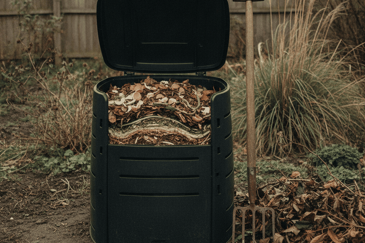 black plastic compost bin with the lid open showing layered leaves and kitchen scraps