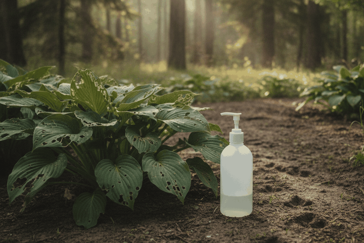 pump spray bottle standing beside a hosta bed with chewed leaves and deer tracks in soft soil