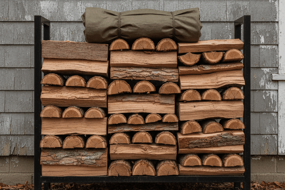 black steel firewood rack fully stacked with split hardwood against a clapboard house wall