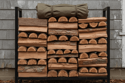 black steel firewood rack fully stacked with split hardwood against a clapboard house wall