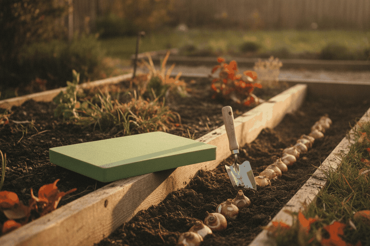 green foam garden kneeler pad on the edge of a planting bed beside a row of freshly planted bulbs and a trowel