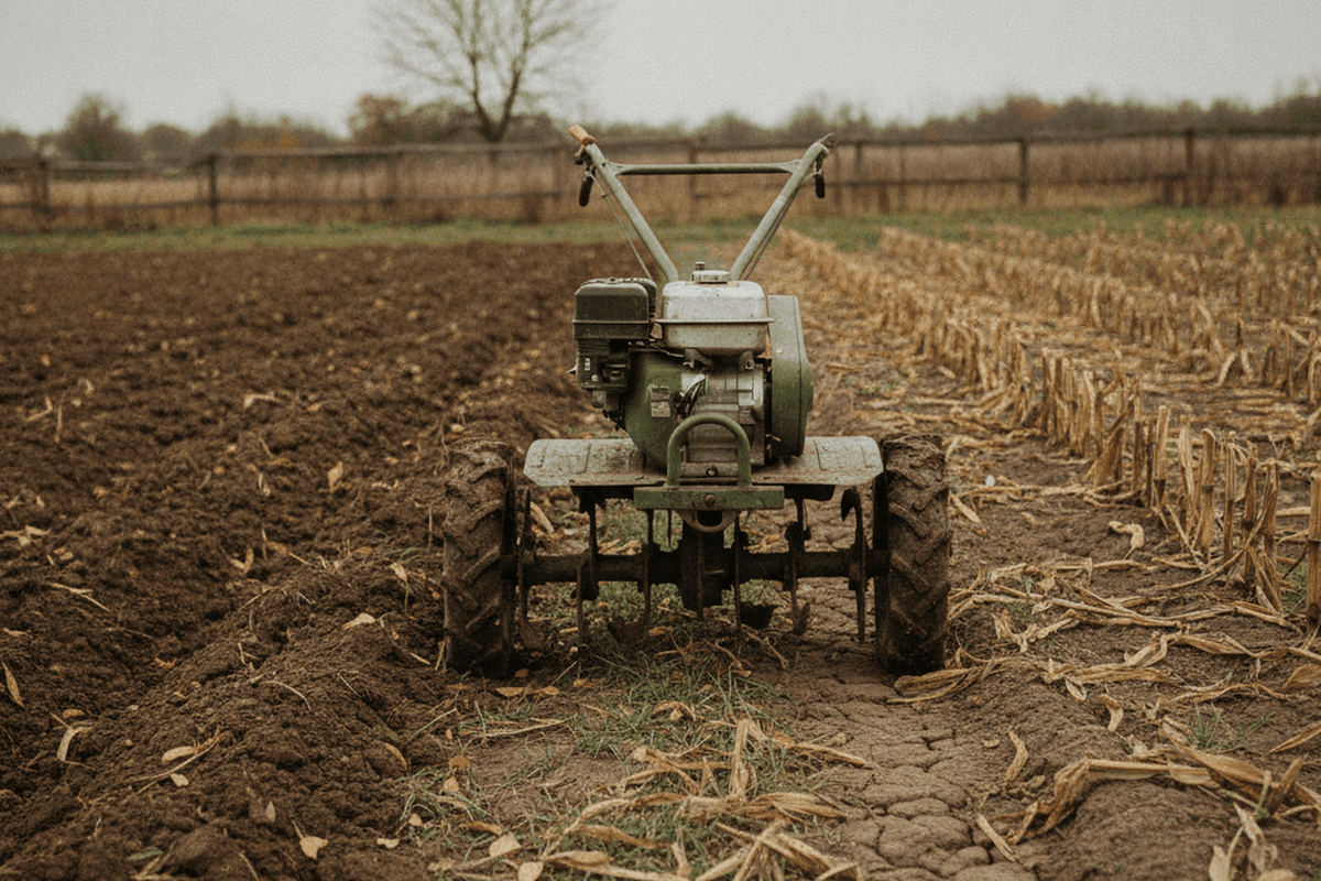 rear tine garden tiller standing in a half tilled vegetable plot