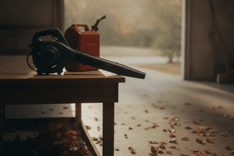handheld gas leaf blower and a red metal fuel can on a wooden workbench inside an open garage