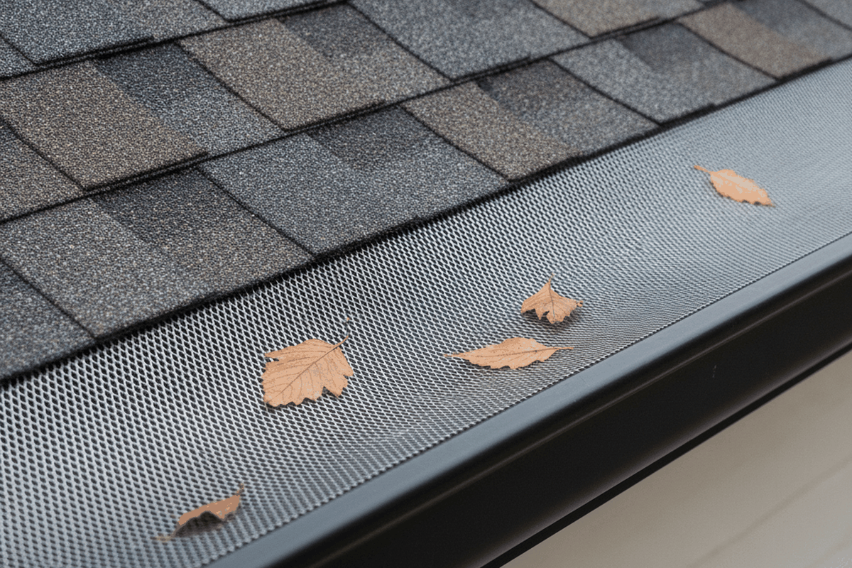 a stainless micro mesh gutter guard fitted on a house gutter with a few leaves sitting on top of the mesh