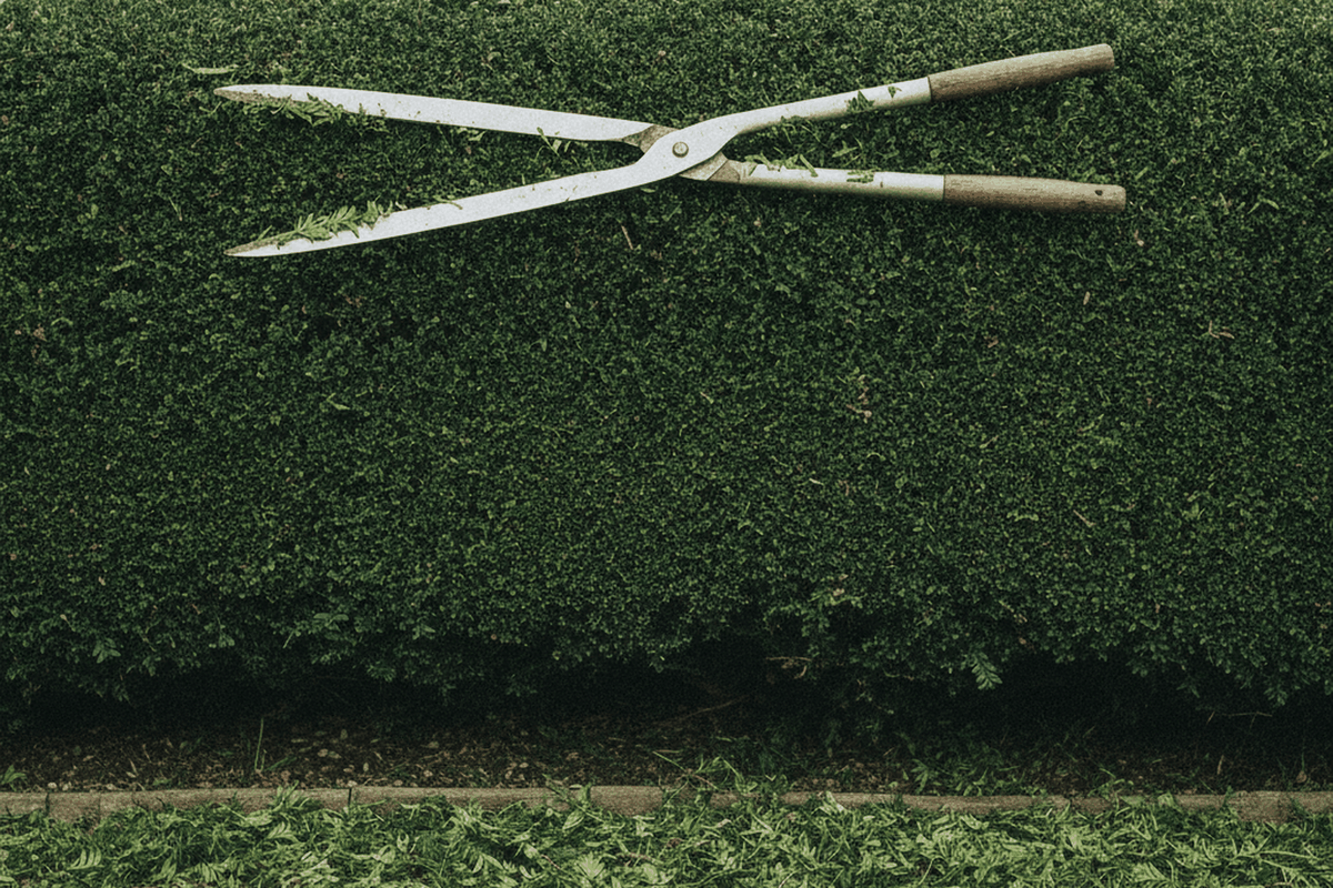 long handled hedge shears resting on top of a freshly clipped yew hedge