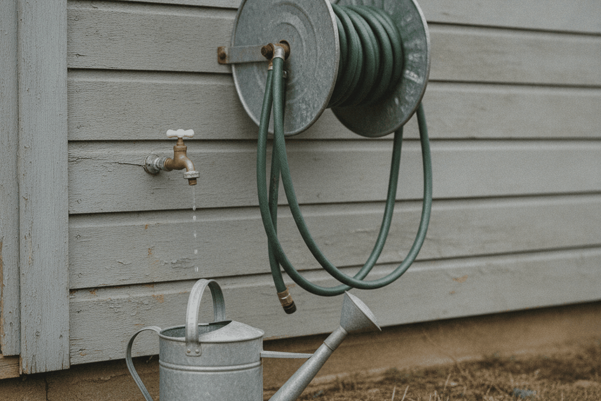 wall mounted hose reel with a coiled green hose on a clapboard wall beside a spigot