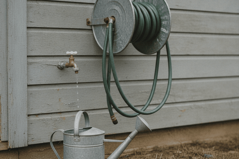 wall mounted hose reel with a coiled green hose on a clapboard wall beside a spigot