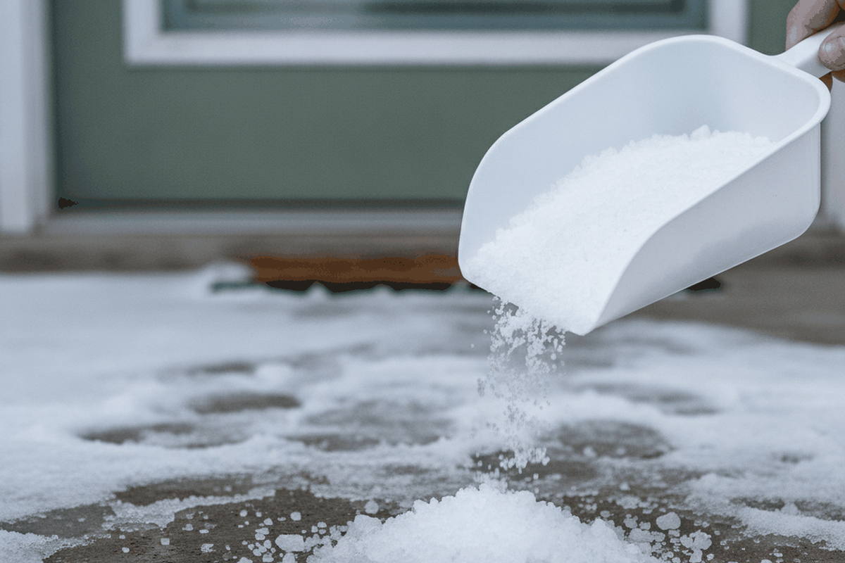 white plastic scoop full of coarse rock salt granules held over a snowy concrete front step