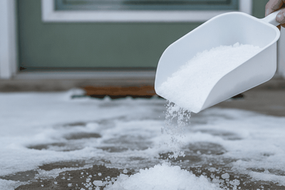 white plastic scoop full of coarse rock salt granules held over a snowy concrete front step