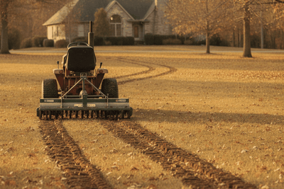 tow behind plug aerator hitched to a lawn tractor with a trail of soil cores on the turf behind it