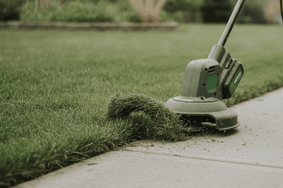 cordless stick edger cutting a crisp line between lawn and a concrete walk