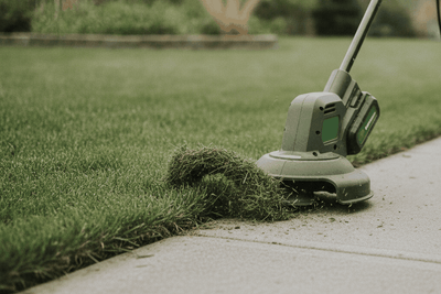cordless stick edger cutting a crisp line between lawn and a concrete walk