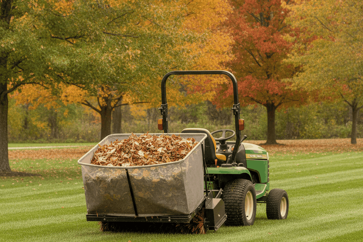 tow behind lawn sweeper with a mesh hopper full of leaves hitched behind a lawn tractor