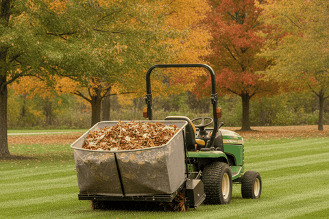tow behind lawn sweeper with a mesh hopper full of leaves hitched behind a lawn tractor
