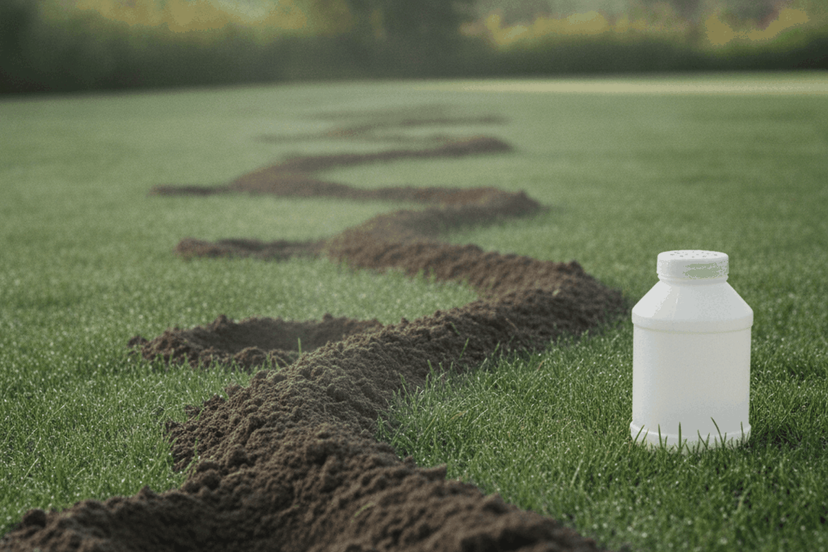 mole hills and a raised tunnel ridge across a lawn with a plain granular applicator shaker beside them
