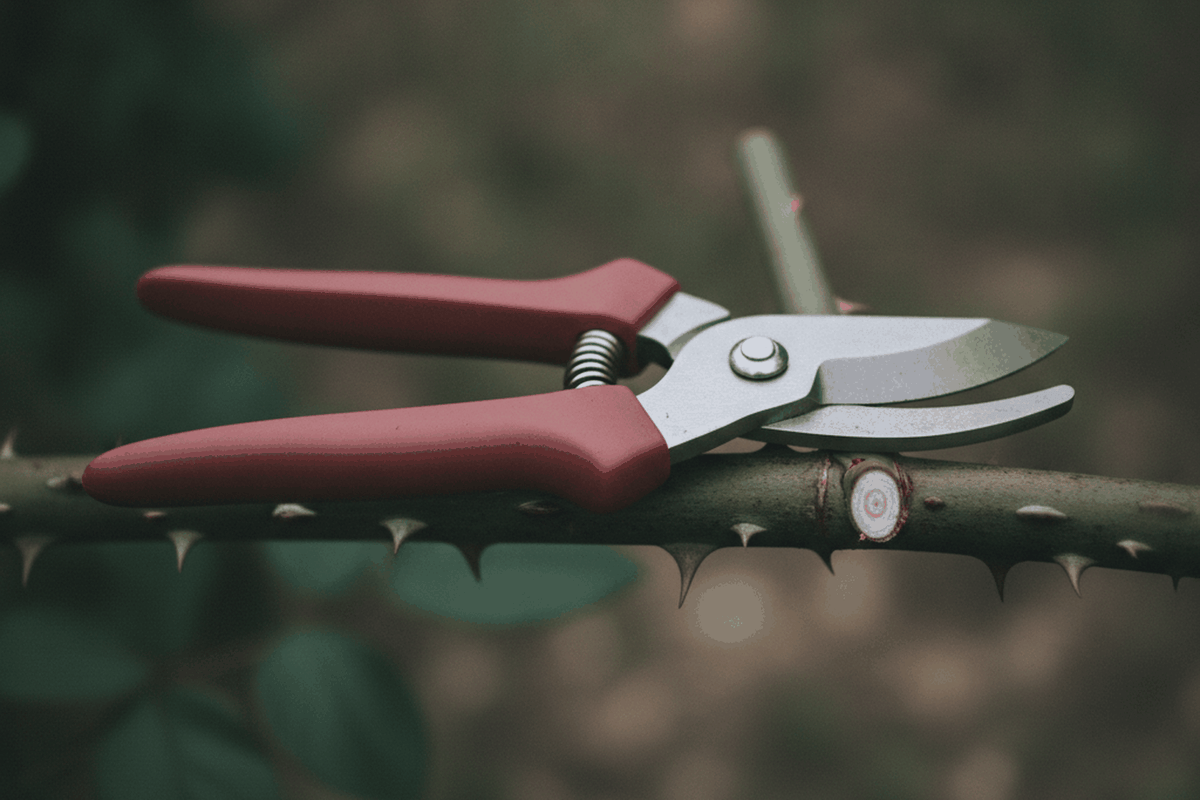 bypass pruning shears with red handles resting on a rose cane beside a fresh cut
