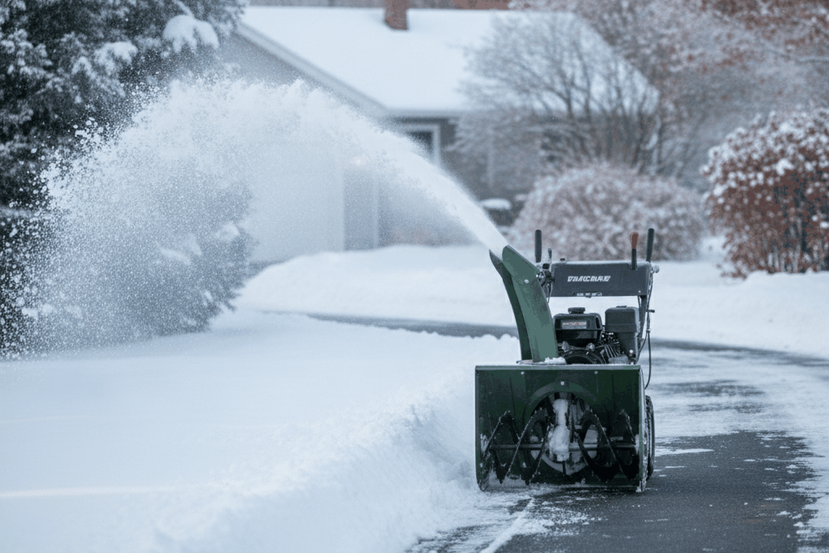 two stage snow blower on a snowy driveway with a cleared strip behind it and snow arcing from the chute