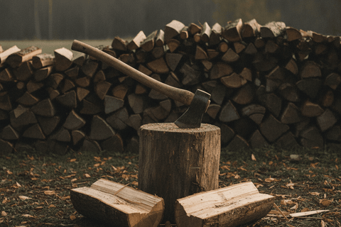 splitting axe sunk into a round of oak on a chopping block