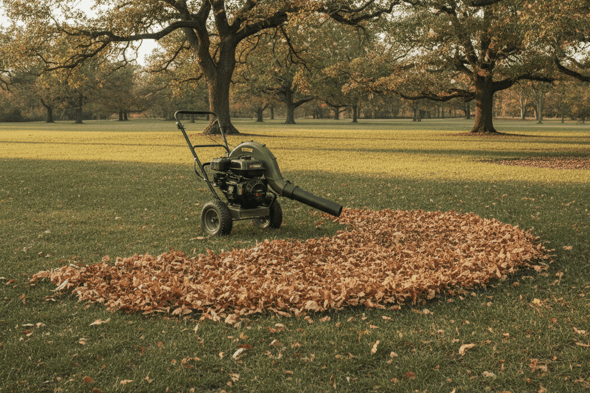 wheeled walk behind leaf blower parked on a huge lawn under mature oaks