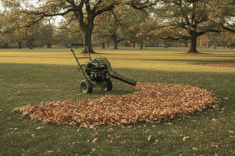 wheeled walk behind leaf blower parked on a huge lawn under mature oaks