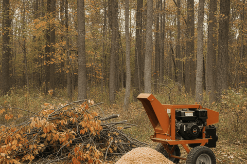 small gas chipper shredder on wheels with a fresh heap of pale wood chips below its chute and a pile of cut branches bes