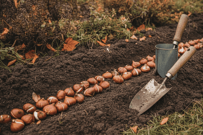 Tulip bulbs set in a shallow trench of dark soil beside a plain steel bulb planter and a garden trowel