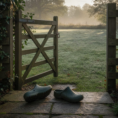 Waterproof garden clogs on a stone step at a garden gate