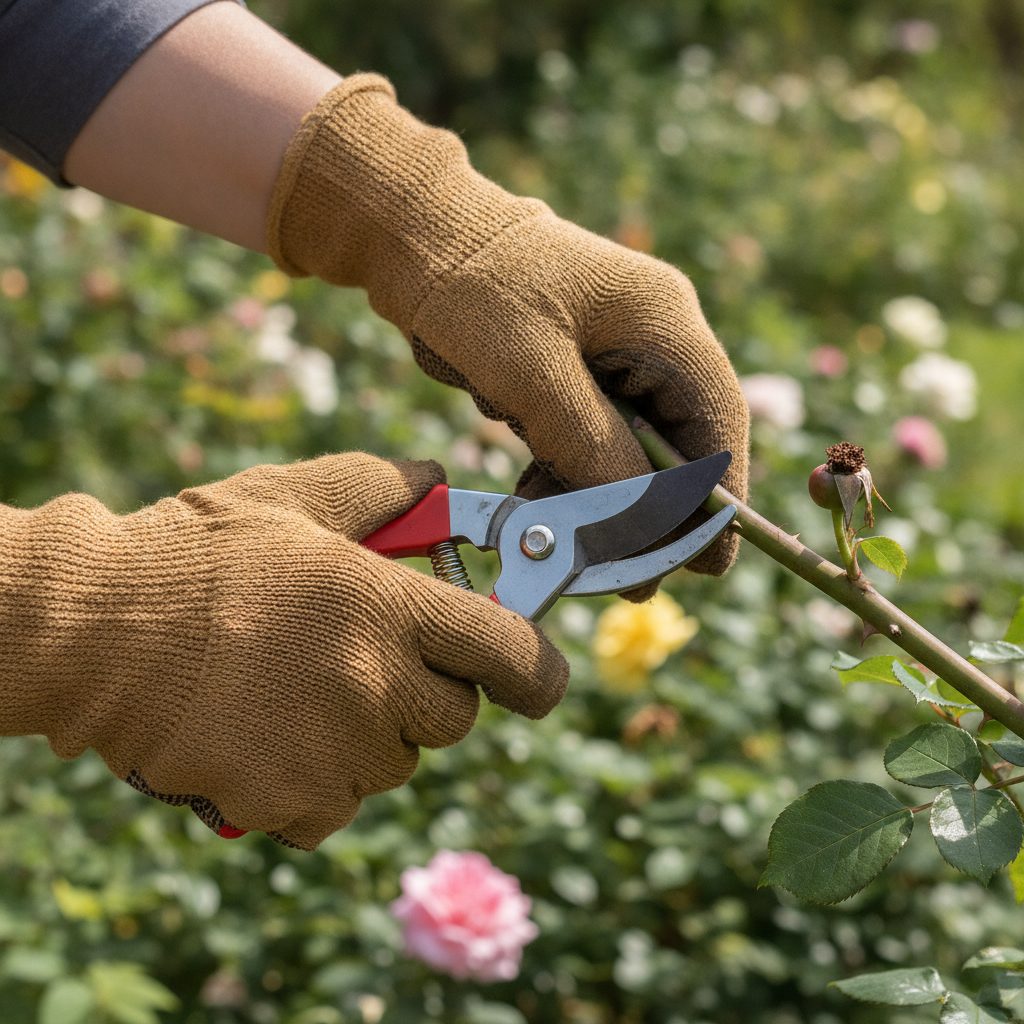 Gloved hands pruning a rose cane with bypass pruning shears
