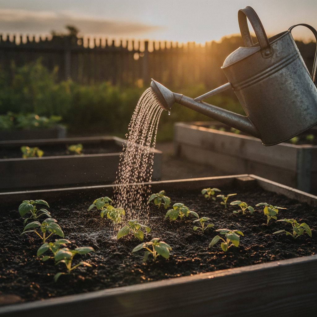 Watering can pouring a gentle shower onto young seedlings