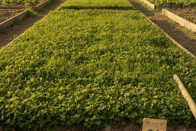 thick with young green cover crop seedlings in rows