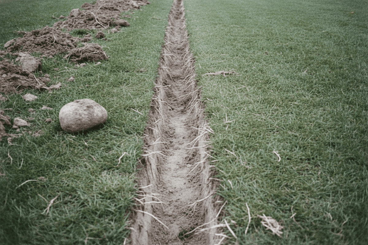 A narrow trench chopped straight through matted sod into the subsoil. Grub Hoe: What It Is For and the 3 Best Ones