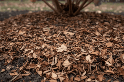 finely shredded leaf mulch spread around the base of a hydrangea
