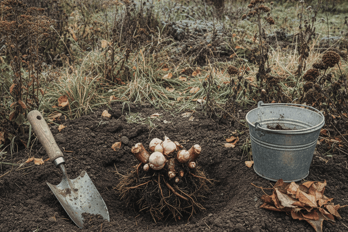 A bare root peony crown with pink buds set in a shallow hole in dark soil