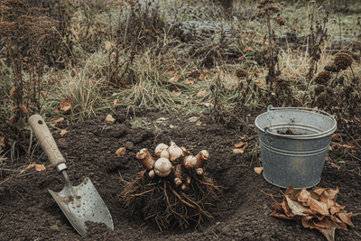 A bare root peony crown with pink buds set in a shallow hole in dark soil