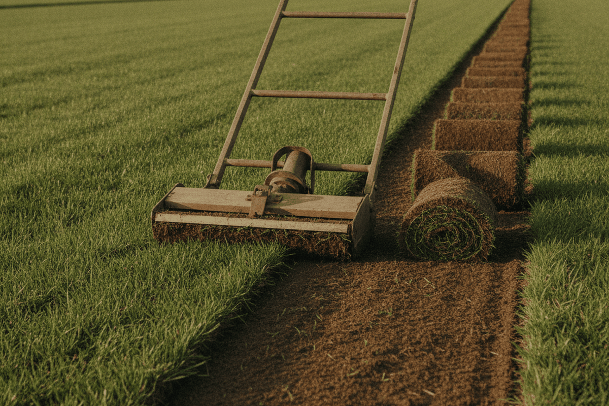 manual kick sod cutter cutting a strip of turf