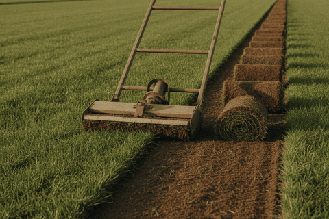 manual kick sod cutter cutting a strip of turf