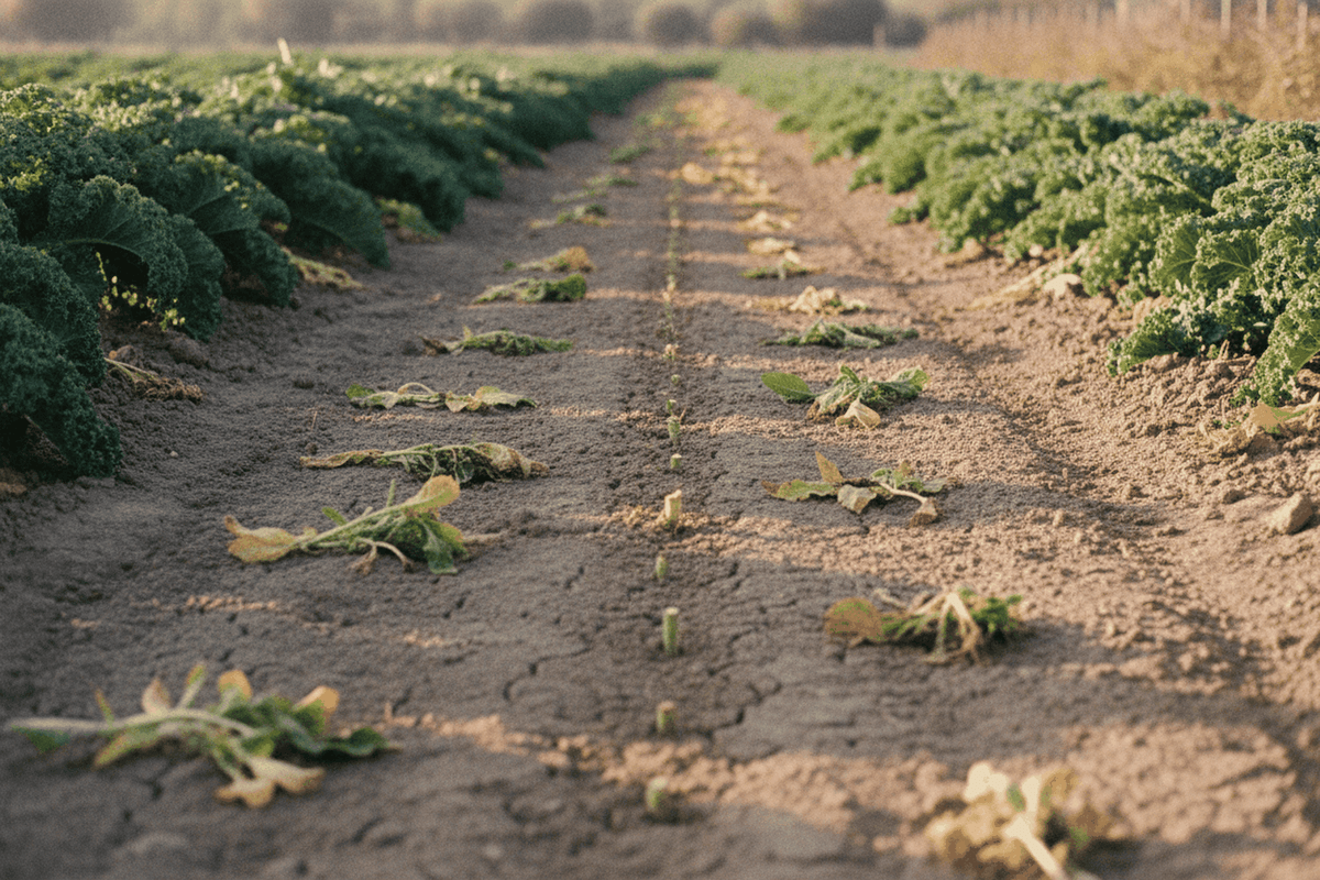 Weed seedlings sliced off at the surface and left wilting on a vegetable path. Stirrup Hoe (Hula Hoe) Guide: How to Use One and the Best to Buy