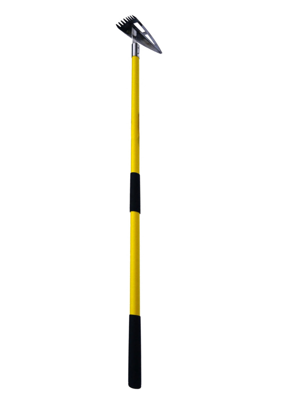 Spear Head Hoe full view, stainless blade and rake teeth on the yellow fiberglass handle