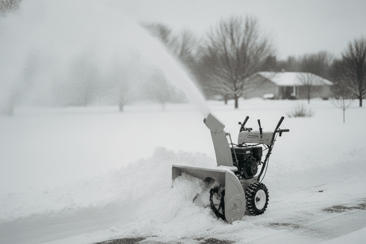 large two stage snow blower with a tall chute working through a deep drift at the end of a driveway