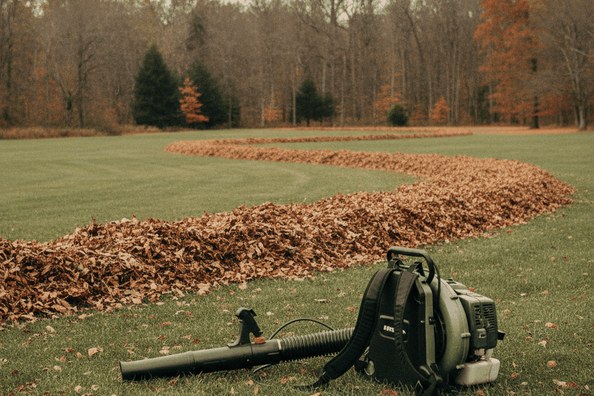 backpack leaf blower with harness set down on the grass at the edge of a large lawn