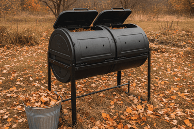 dual chamber compost tumbler on a steel stand in an autumn garden