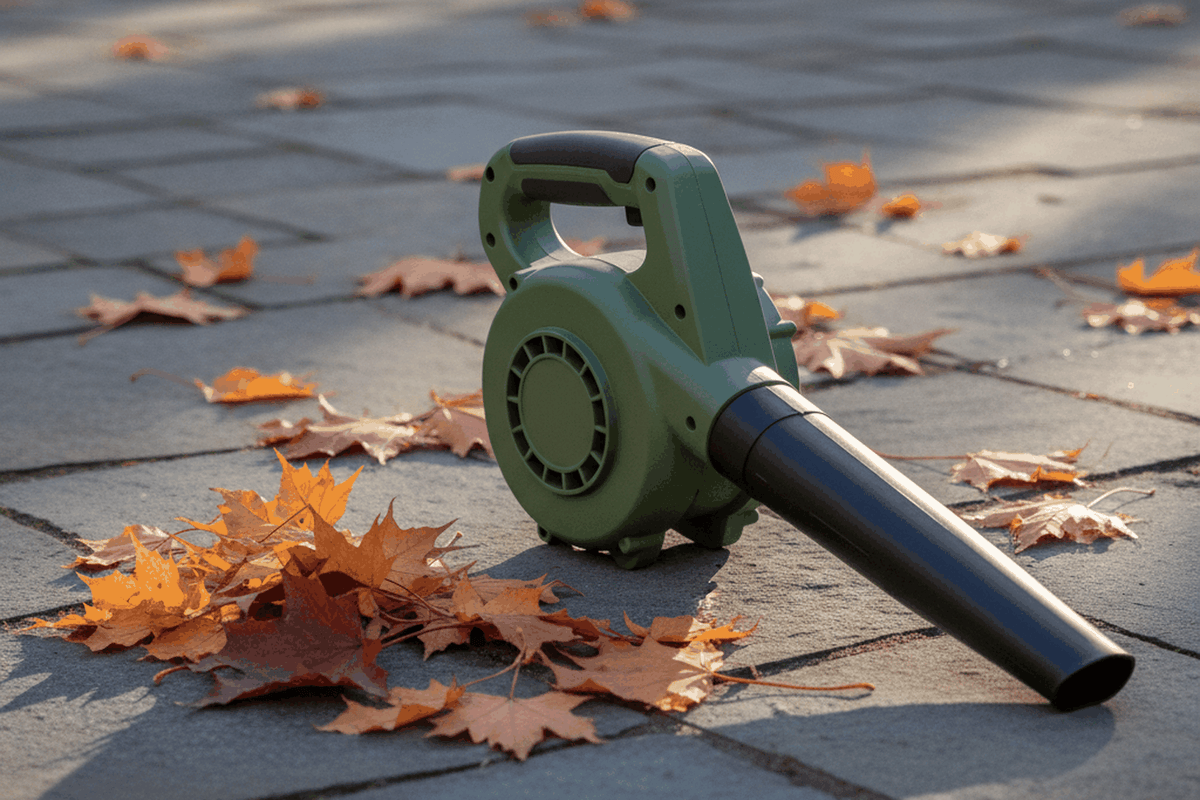 cordless handheld leaf blower lying on a bluestone patio beside a drift of scattered maple leaves