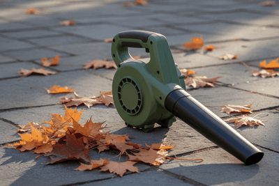 cordless handheld leaf blower lying on a bluestone patio beside a drift of scattered maple leaves