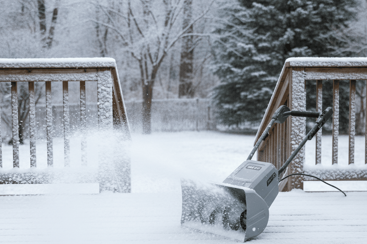 cordless electric snow shovel with a small auger clearing a light snowfall from a deck