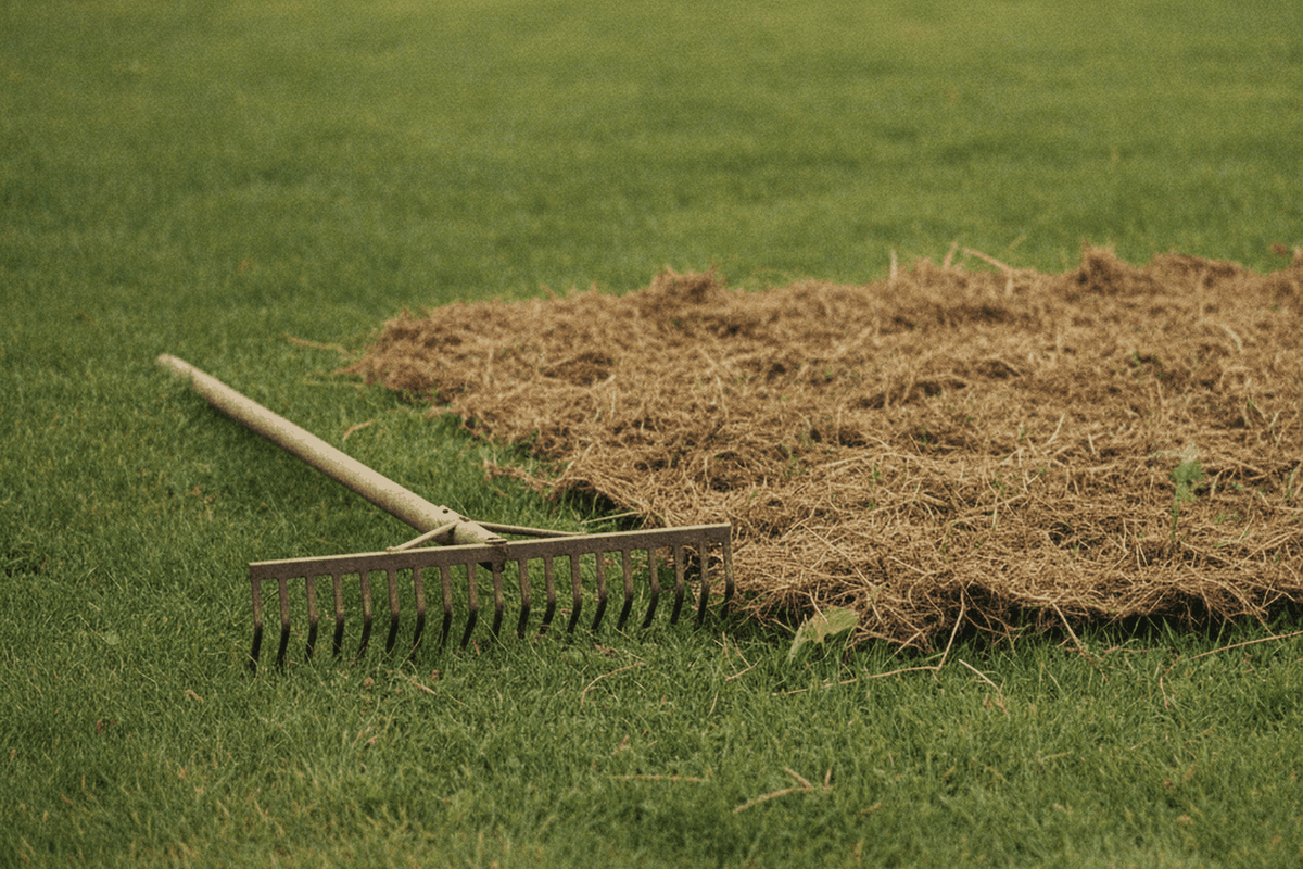 thatch rake with curved steel tines on a lawn beside a pulled up mat of brown thatch