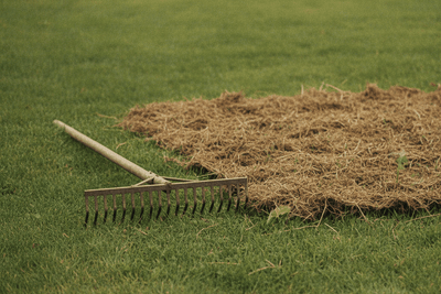 thatch rake with curved steel tines on a lawn beside a pulled up mat of brown thatch