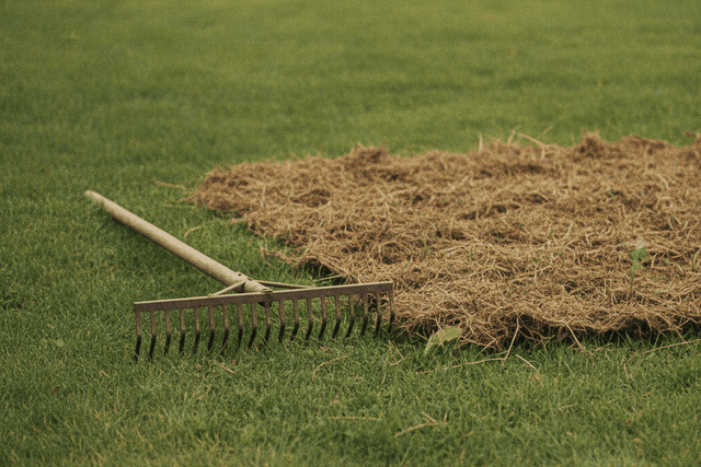thatch rake with curved steel tines on a lawn beside a pulled up mat of brown thatch