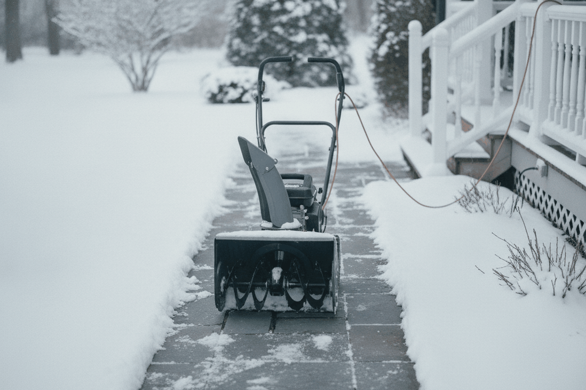 compact single stage electric snow blower on a snowy front walk with a neat cleared path behind it